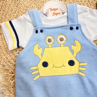  Conj. Body Manga Curta e Jardineira Caranguejo - Branco e Azul Claro